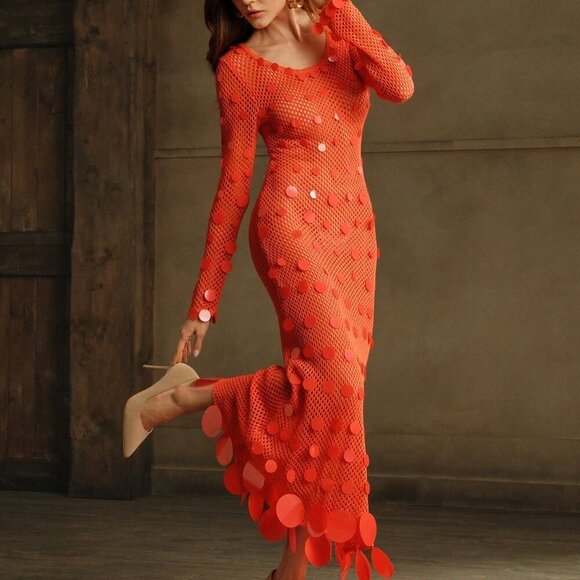 Orange Elegant Women's Sequined Crochet Long-Sleeve Dress - Picture 1 of 8